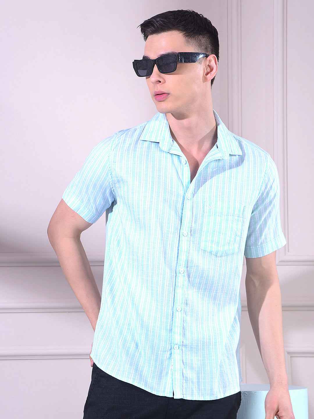 Green 100% Cotton Vertical Stripes Shirt