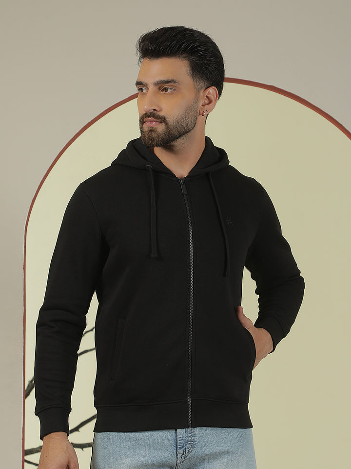 Black Hooded Neck Front Open Sweatshirt