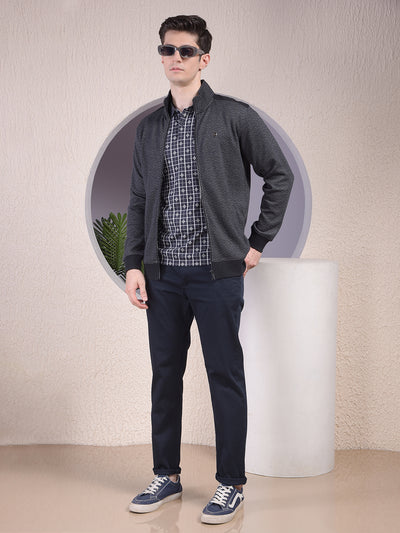 Black Herringbone Zip-Up Sweatshirt