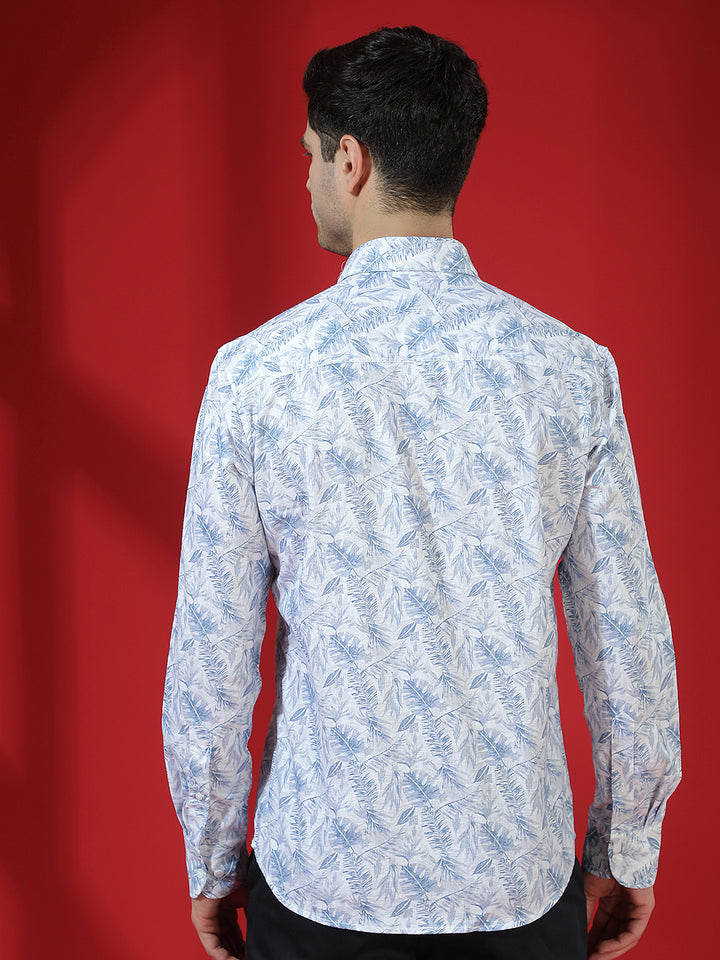Beige Floral Print Linen Shirt