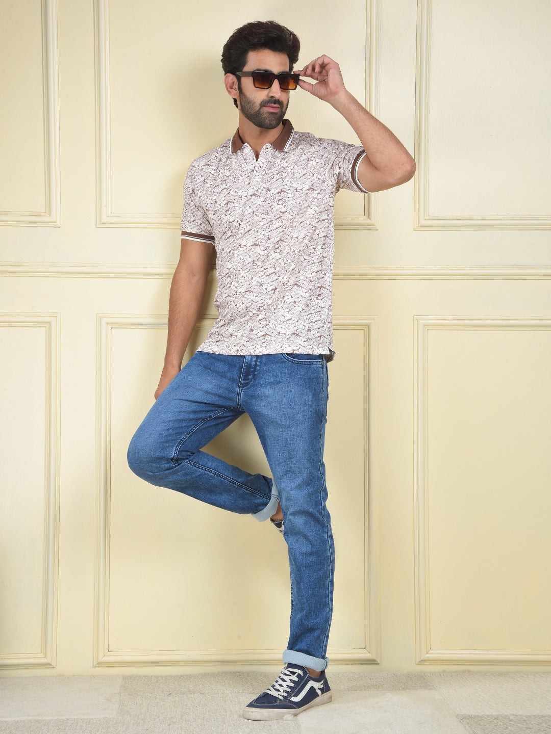 Brown Printed Polo Neck T-Shirt