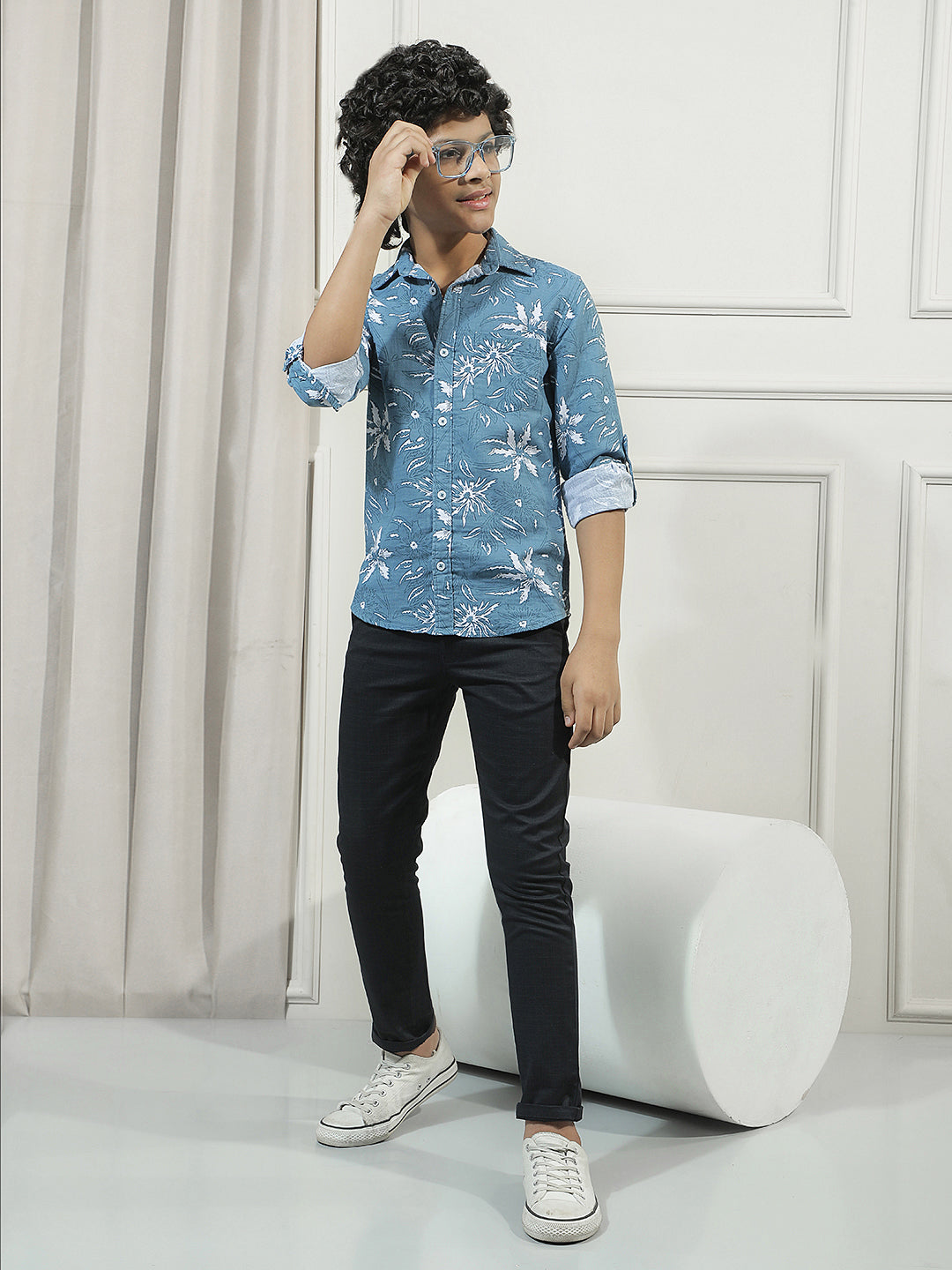 Teal Blue 100% Cotton Floral Print Shirt