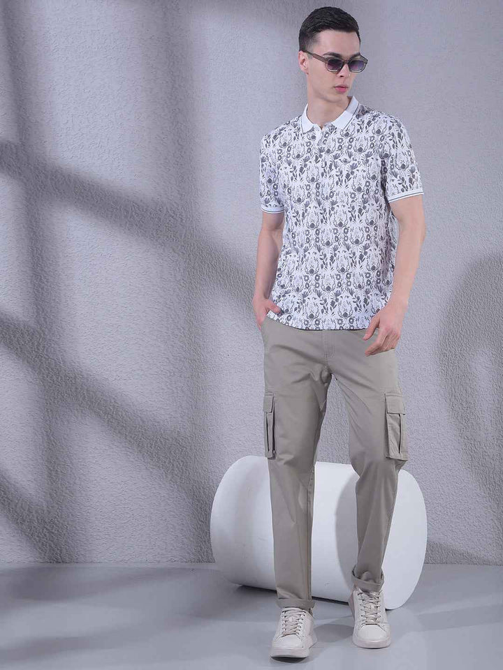 Grey Floral Print Polo Neck T-Shirt