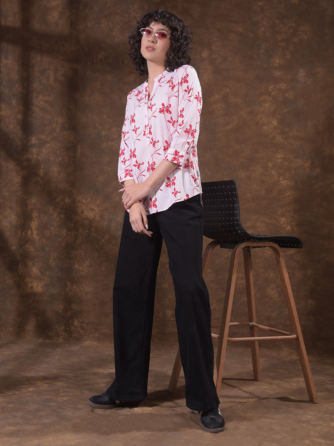 Red Modal Floral Print V-Neck Top