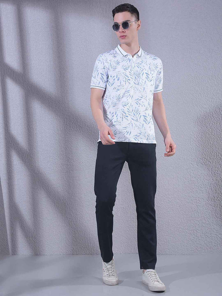 Blue Floral Print Polo Neck T-Shirt