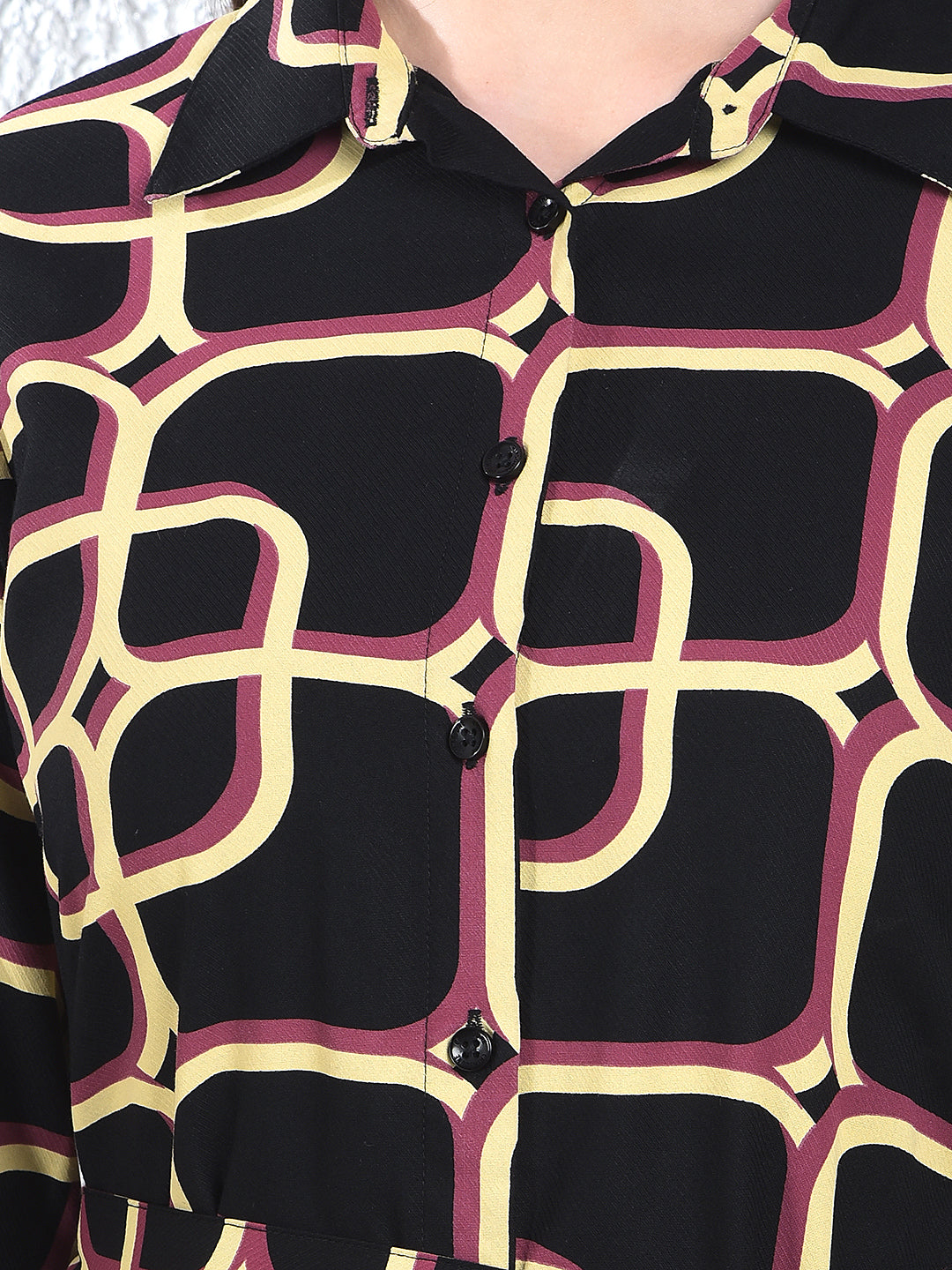 Black Printed V-Neck Shirt Dress-Women Dress-Crimsoune Club