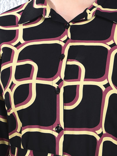 Black Printed V-Neck Shirt Dress-Women Dress-Crimsoune Club