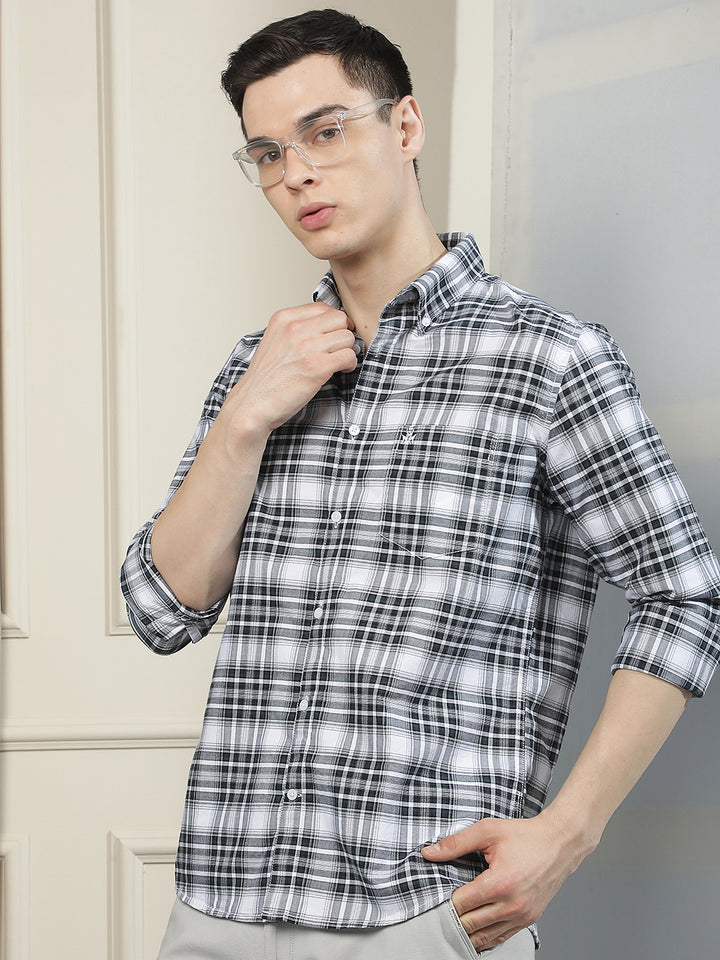 Blue Checked Button-Down Collar 100% Cotton Shirt