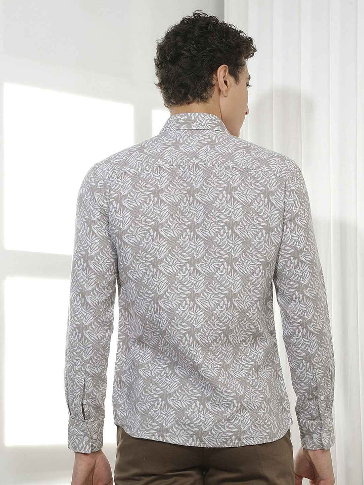 Tan Botanical Print 100% Cotton Shirt