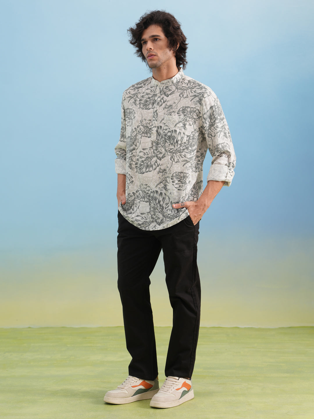 Grey Floral Print Kurta