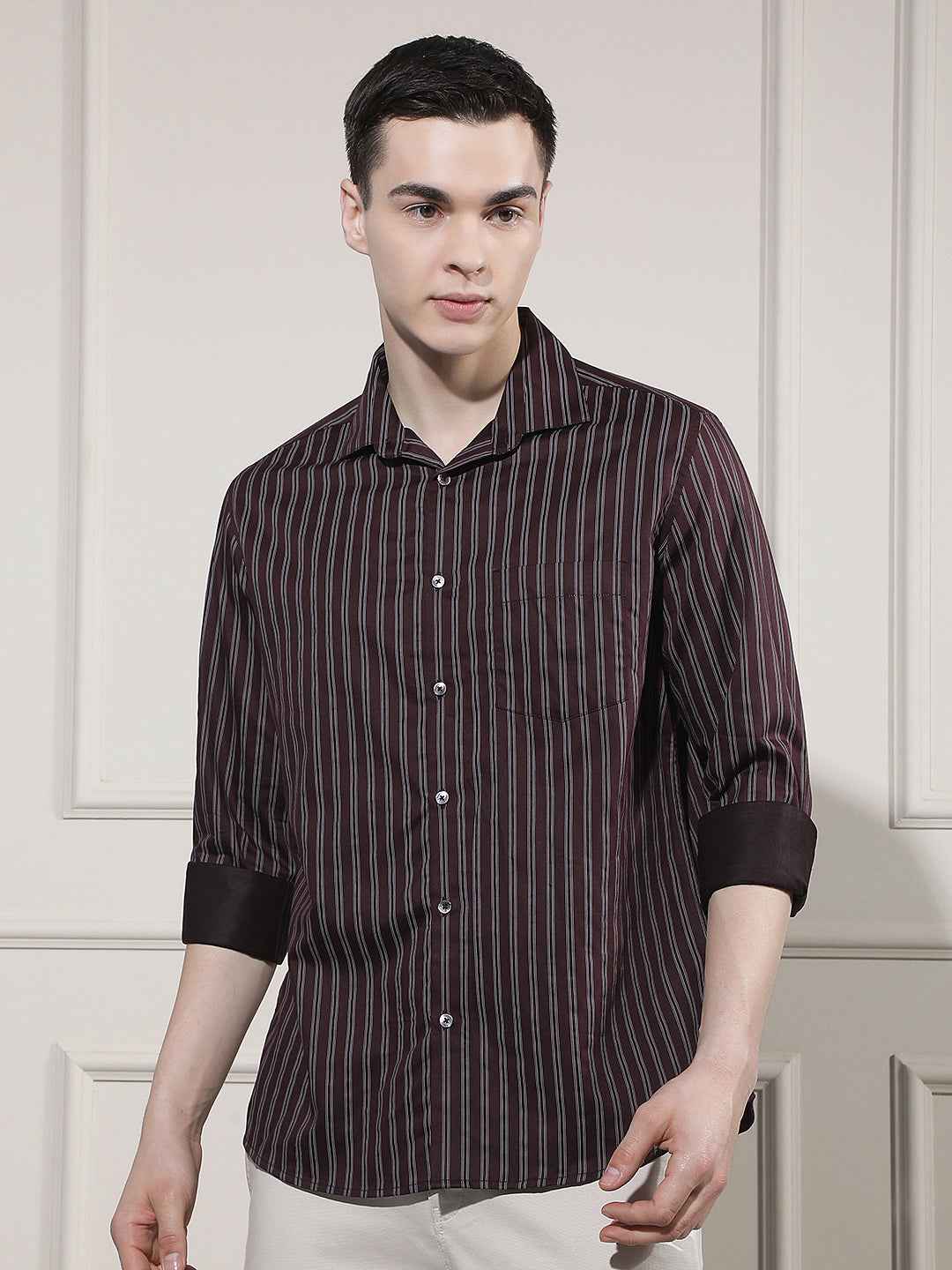 Maroon Vertical Stripes Shirt