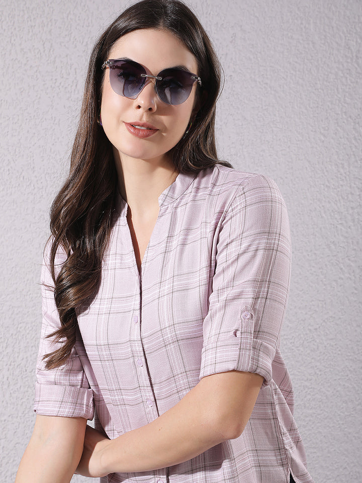 Purple Checked V-Neck Shirt