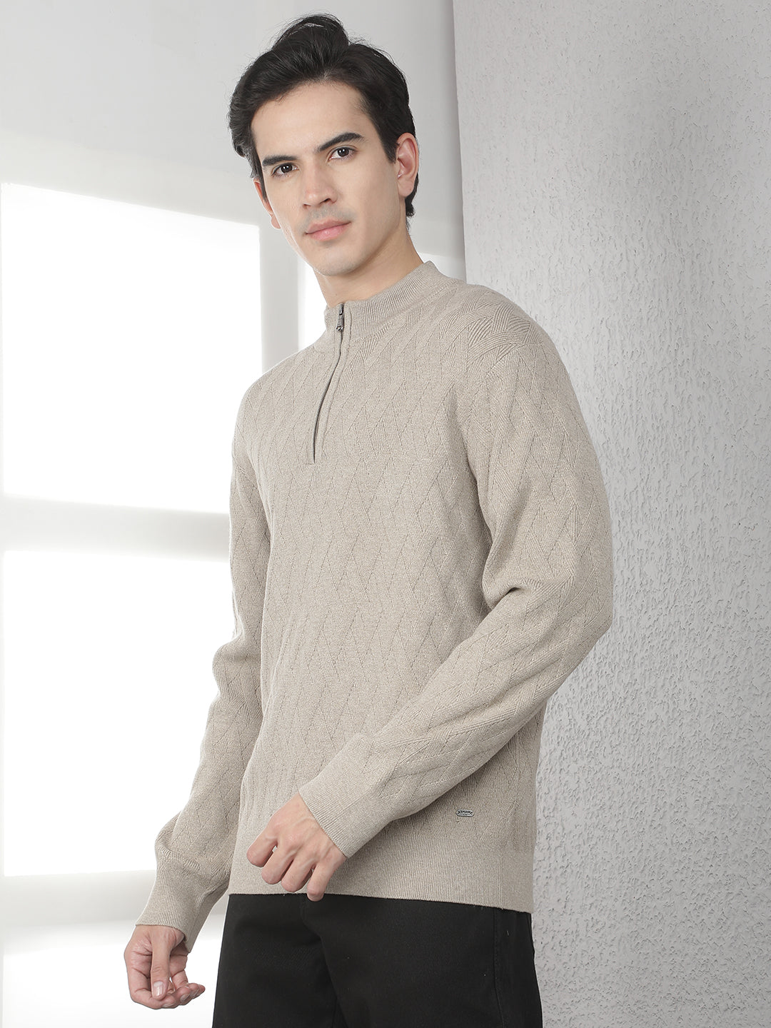 Beige Jacquard High Neck Sweater