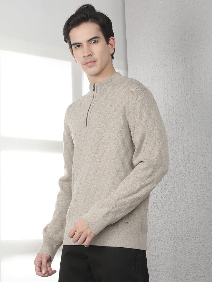 Beige Jacquard High Neck Sweater
