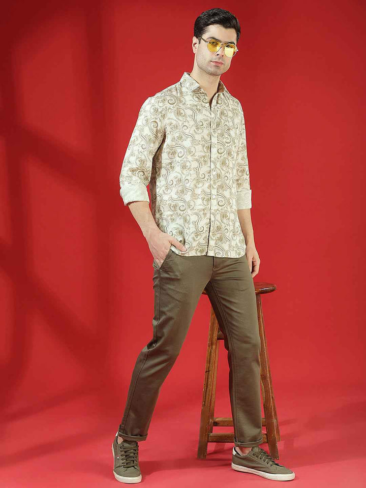 Olive 100% Cotton Geometric Print Straight Trousers