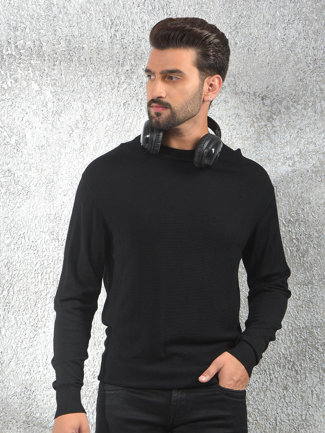 All-Day Comfort Black Jacquard Sweater
