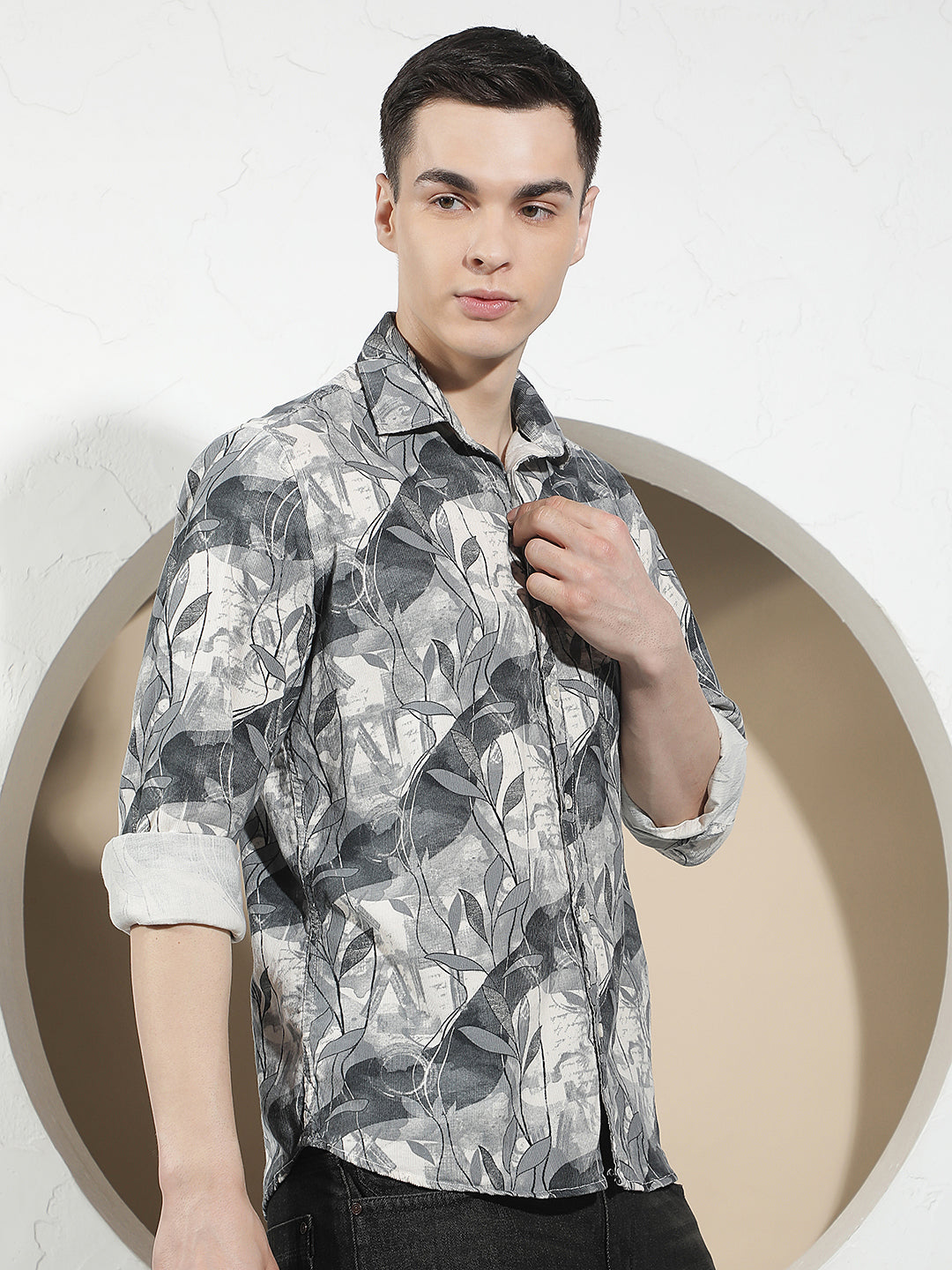 Grey Floral Print 100% Cotton Corduroy Shirt