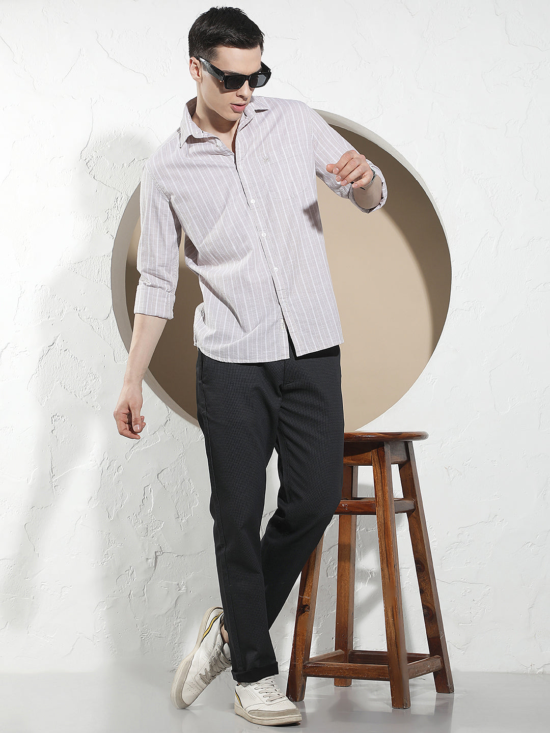 Beige Vertical Stripes 100% Cotton Shirt