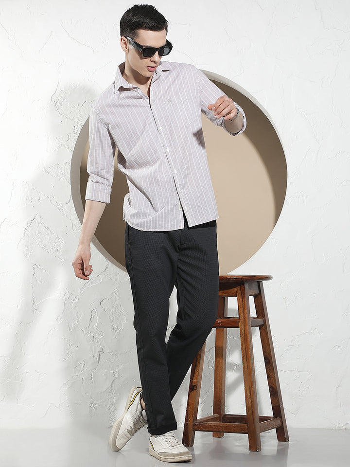 Beige Vertical Stripes 100% Cotton Shirt