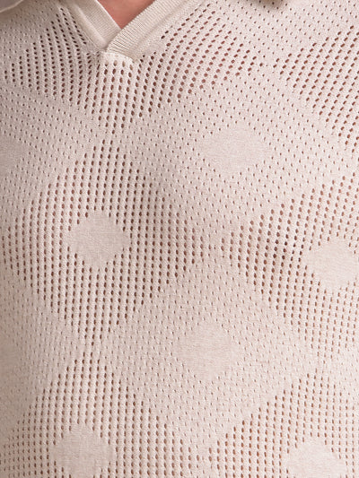 Beige Jacquard Polo Neck T-Shirt