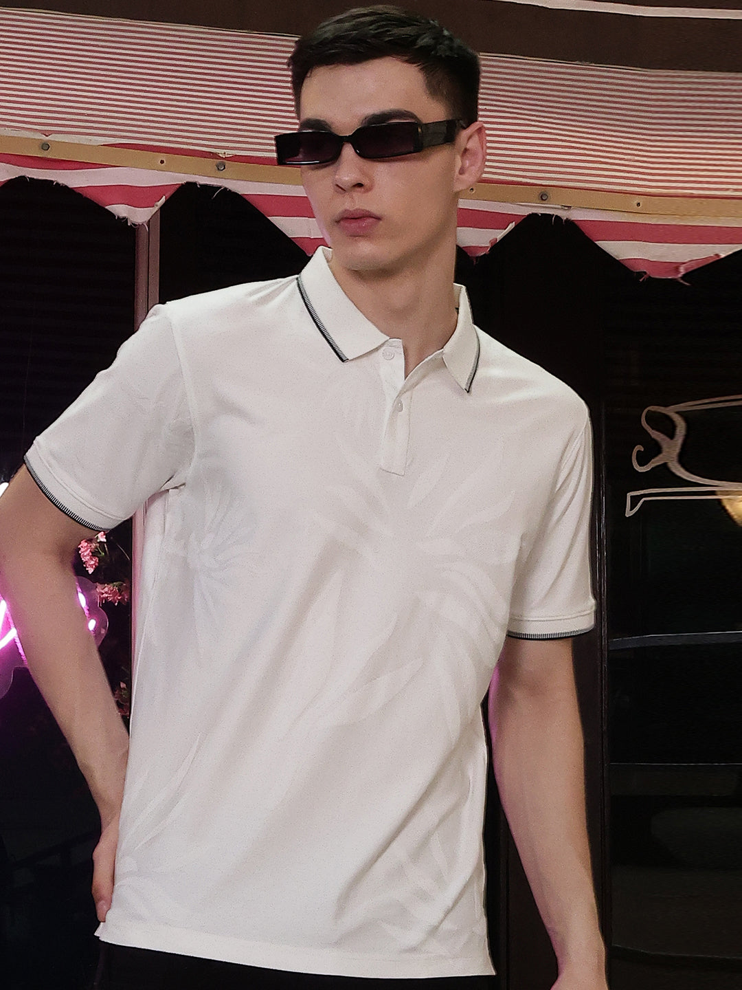 White Jacquard Polo Neck T-Shirt
