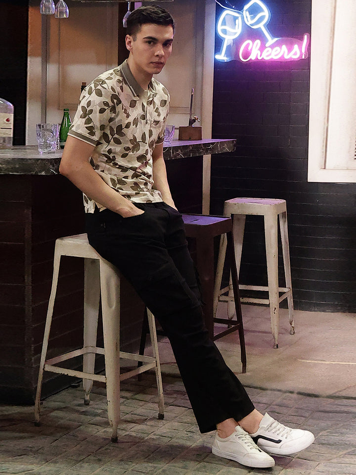 Beige Floral Print Polo Neck T-Shirt