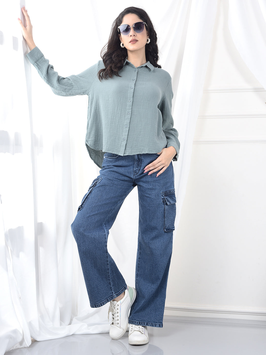 Blue Wide Leg 100% Cotton Cargo Jeans