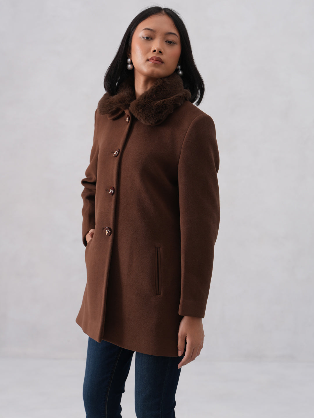 Faux Fur Collar Brown Coat