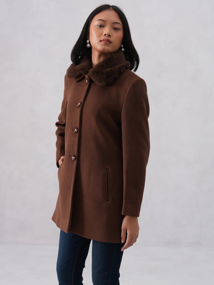 Faux Fur Collar Brown Coat
