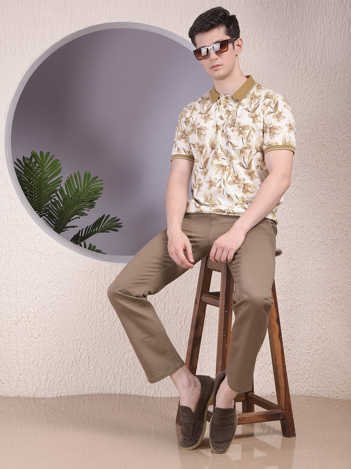 Green Floral Print Polo-Neck T-Shirt