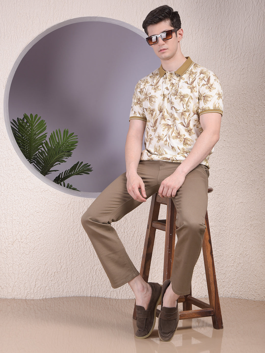 Green Floral Print Polo-Neck T-Shirt