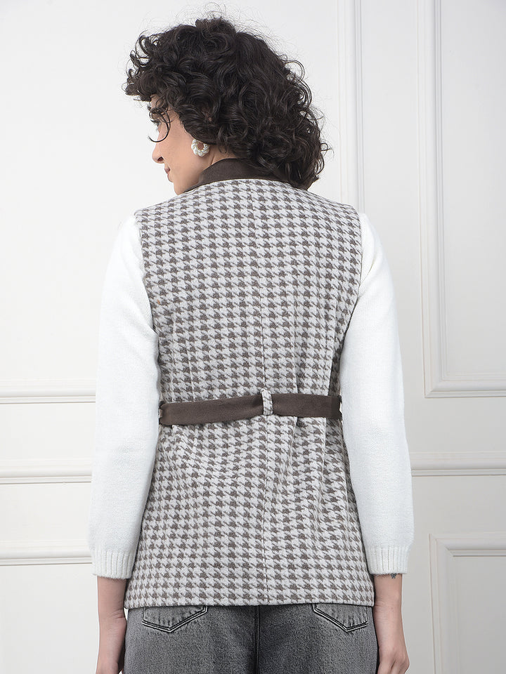 Brown Printed Sleeveless Coat With Belt