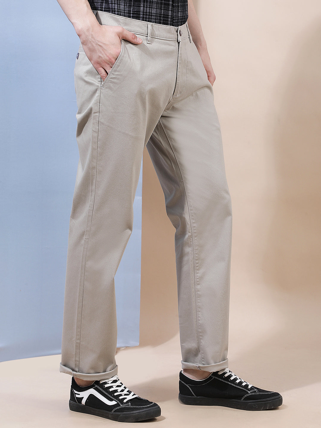 Beige Printed Straight Trousers