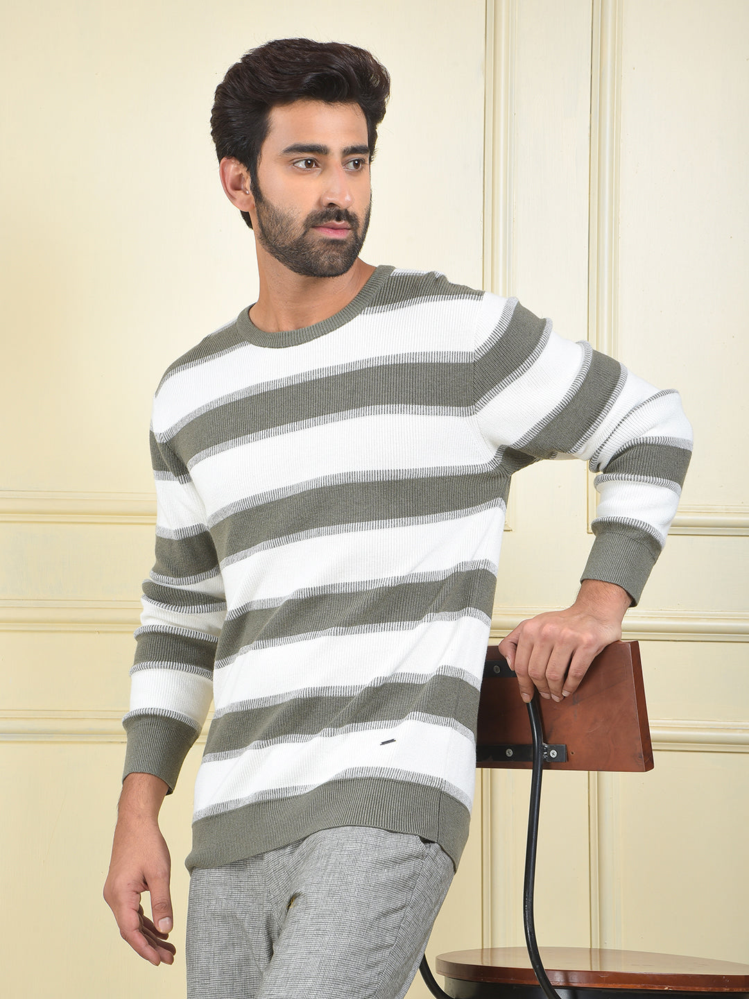 Olive Horizontal Stripes 100% Cotton Sweater
