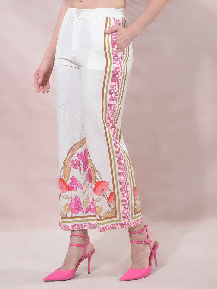 Off White Floral Print Casual Trousers