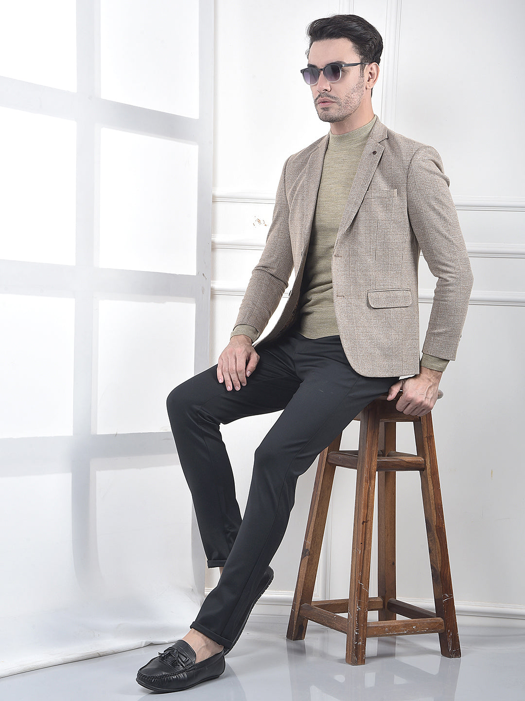 Brown Micro-Check Single-Breasted Blazer