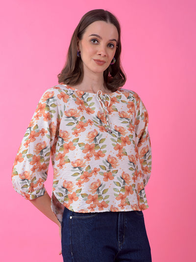 Peach Floral Print Tie-Up Top