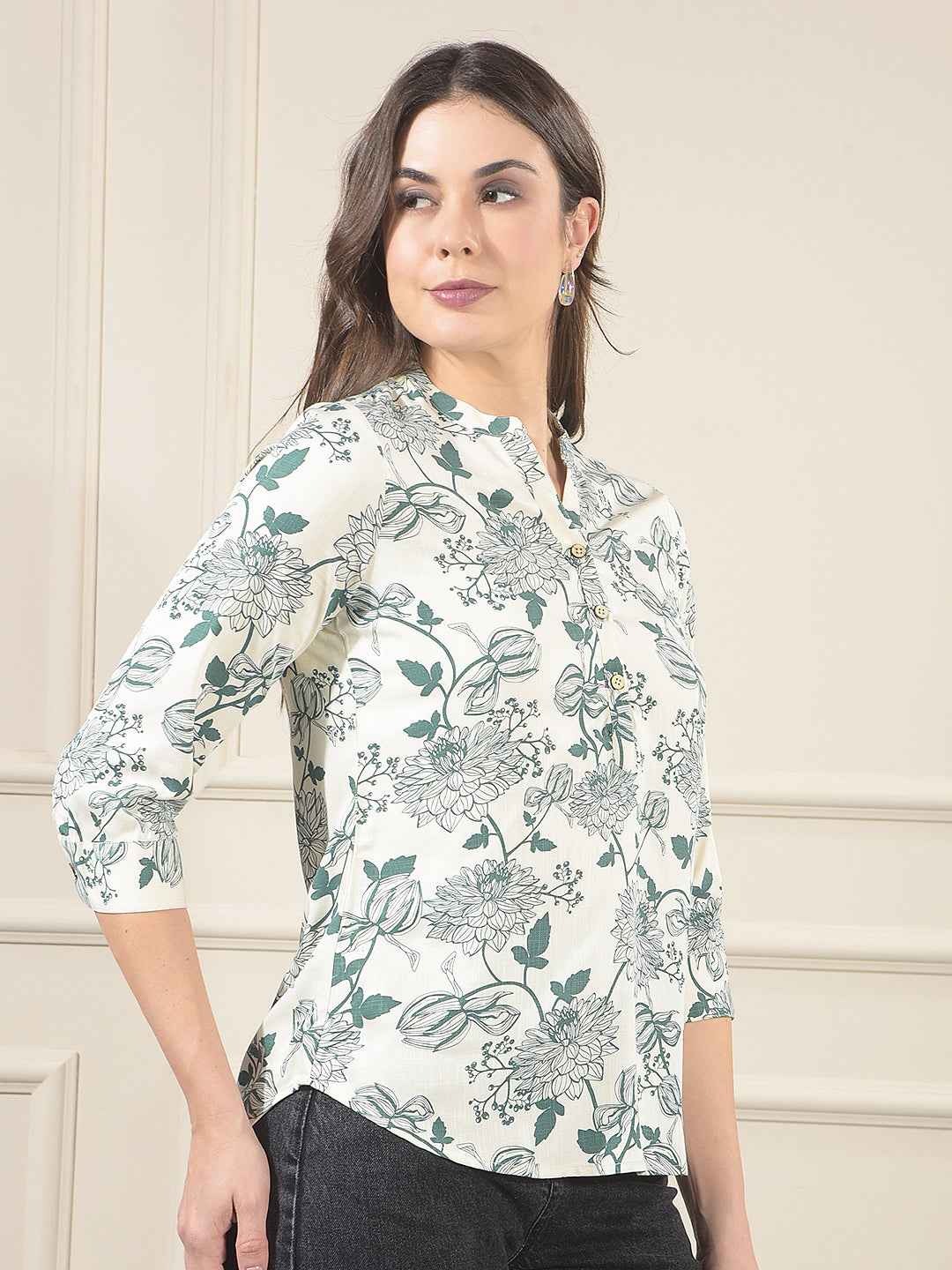 Green Floral Printed V-Neck Top