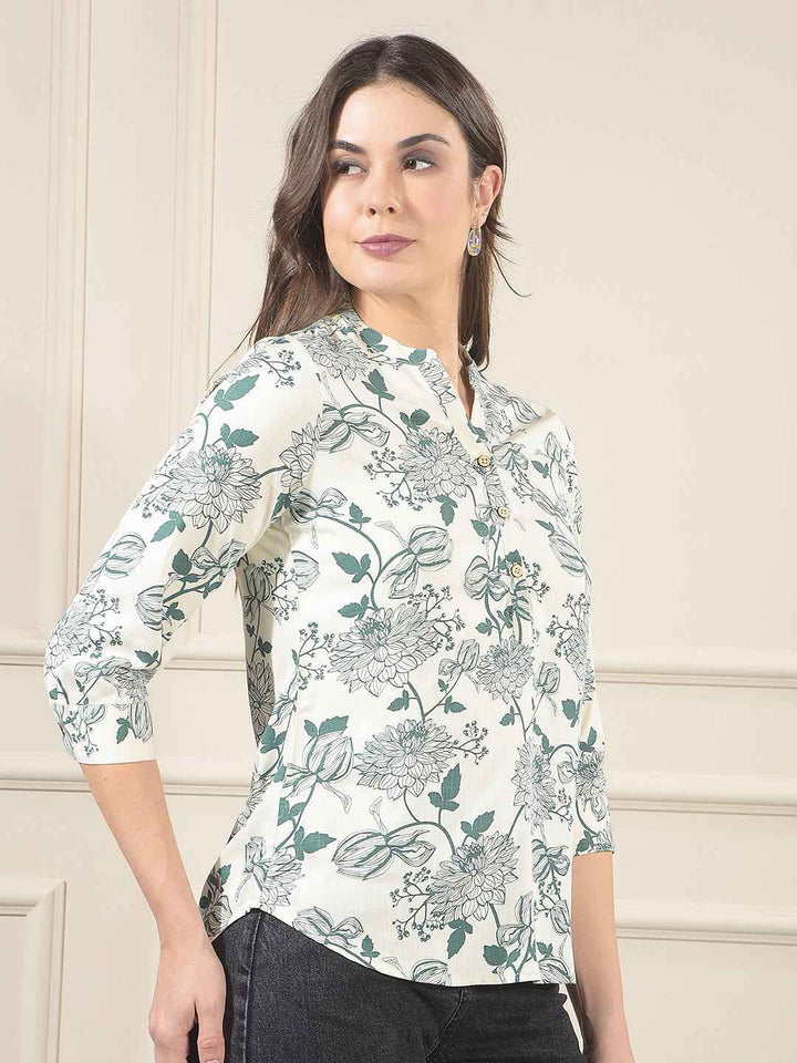 Green Floral Printed V-Neck Top