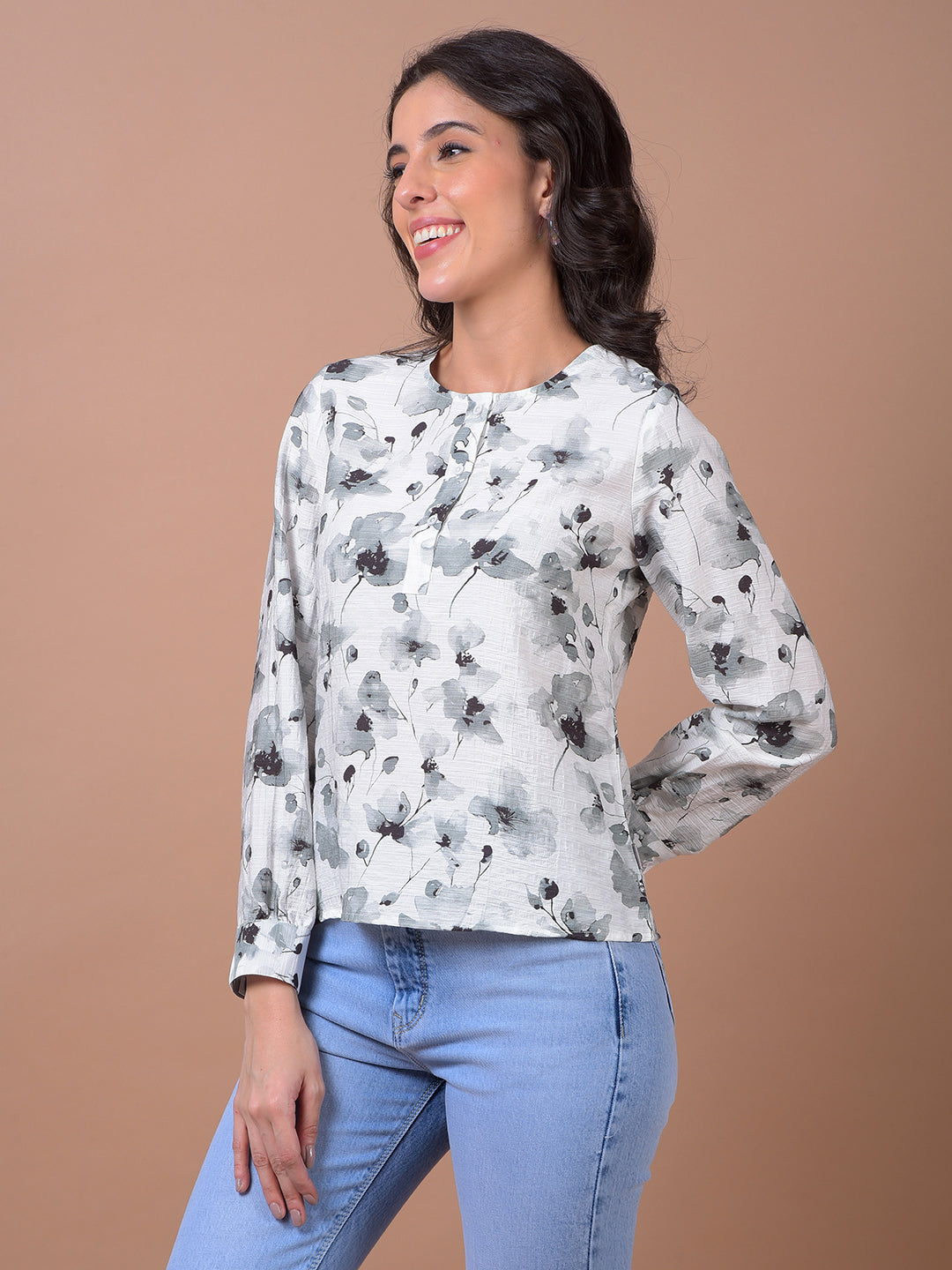 Grey Floral Print Top