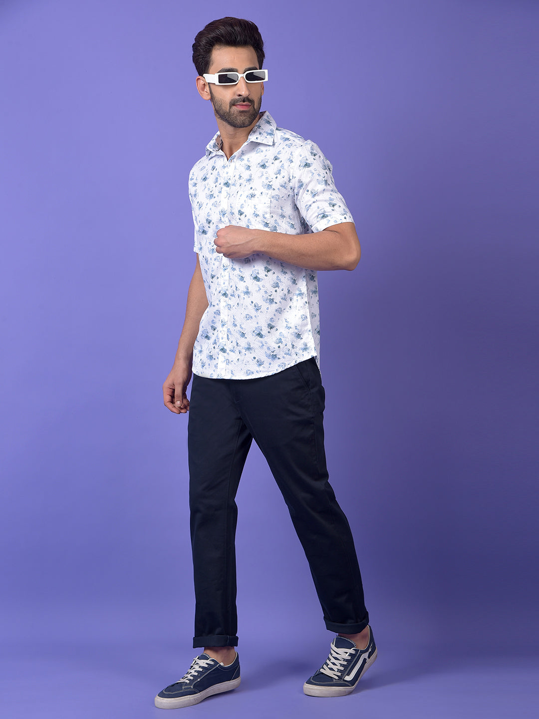 Blue Floral Print 100% Cotton Shirt