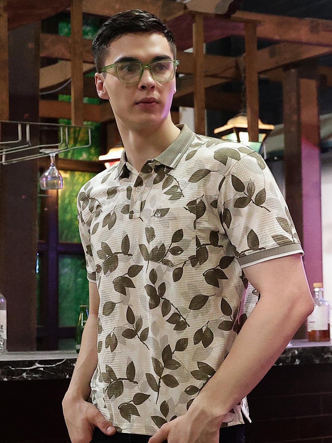 Beige Floral Print Polo Neck T-Shirt