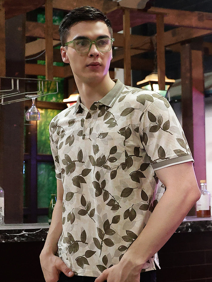 Beige Floral Print Polo Neck T-Shirt