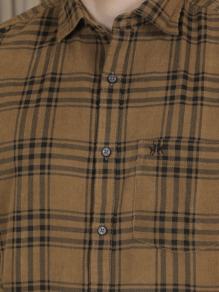 Brown Checked 100% Cotton Corduroy Shirt