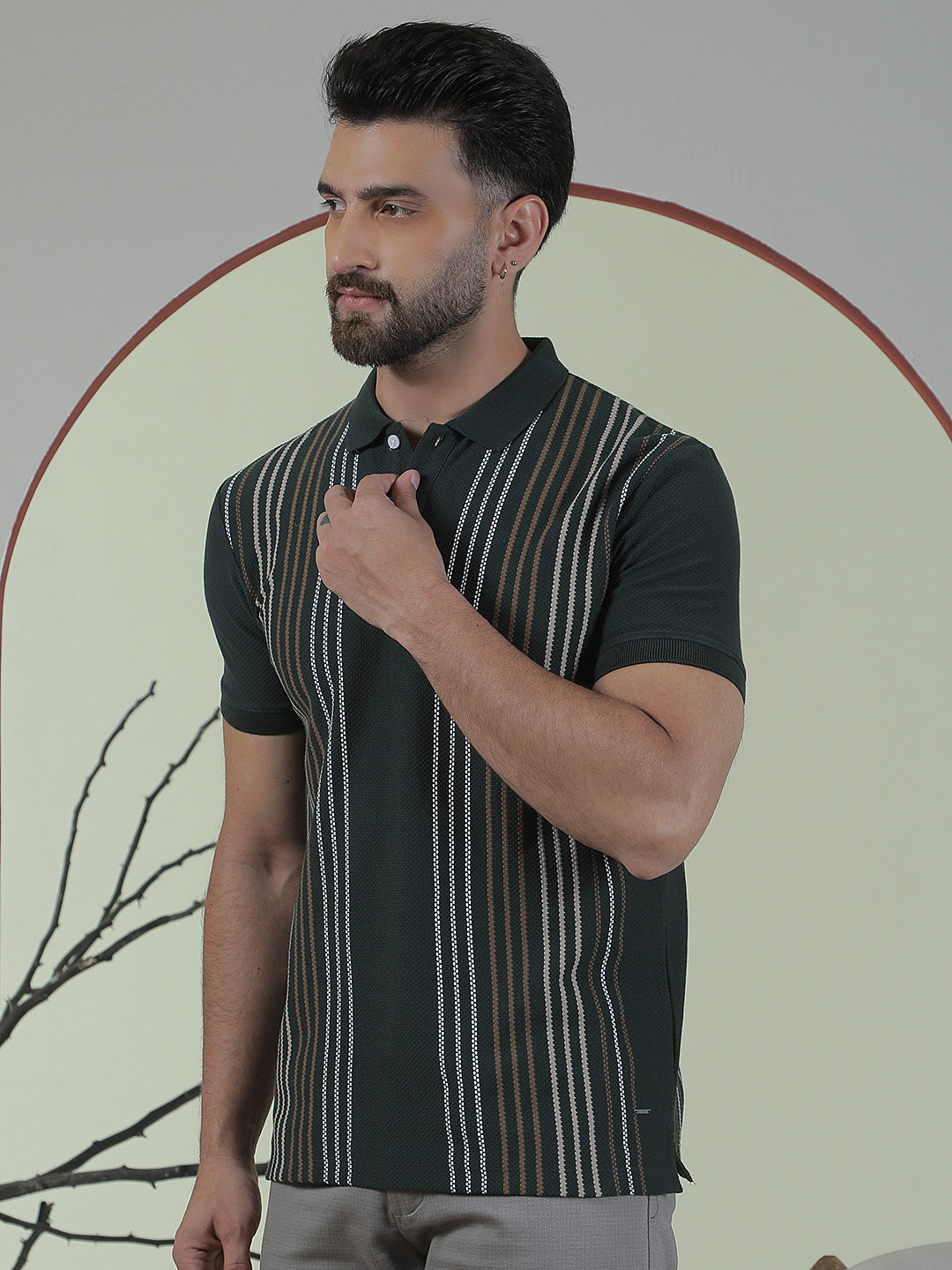 Green Floral Print Polo Neck T-Shirt