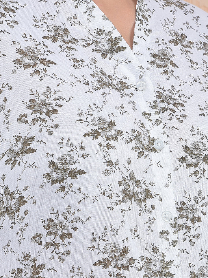 Printed Linen White V-Neck Shirt