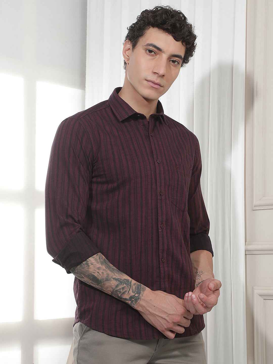 Maroon Vertical Striped 100% Cotton Shirt