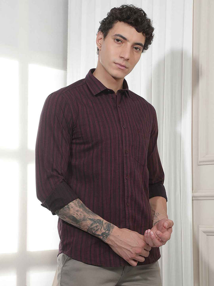 Maroon Vertical Striped 100% Cotton Shirt