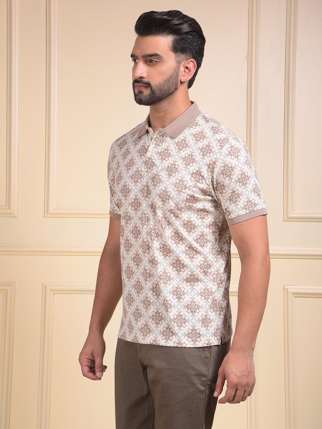 Brown Printed Polo Neck T-Shirt