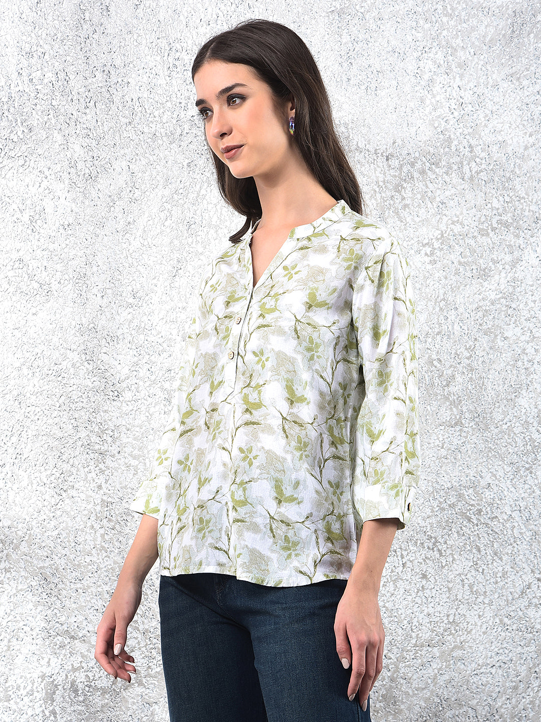 Green Floral Print V-Neck Linen Top